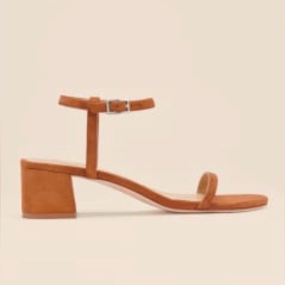 Reformation Mallory Leather Suede 
Camel Block Heel sandals